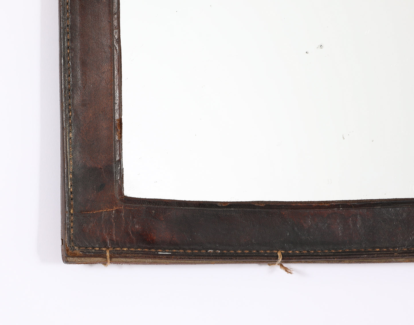 Petite Dark Brown "Sellier" Leather Rustic Wall Mirror - France 1970's