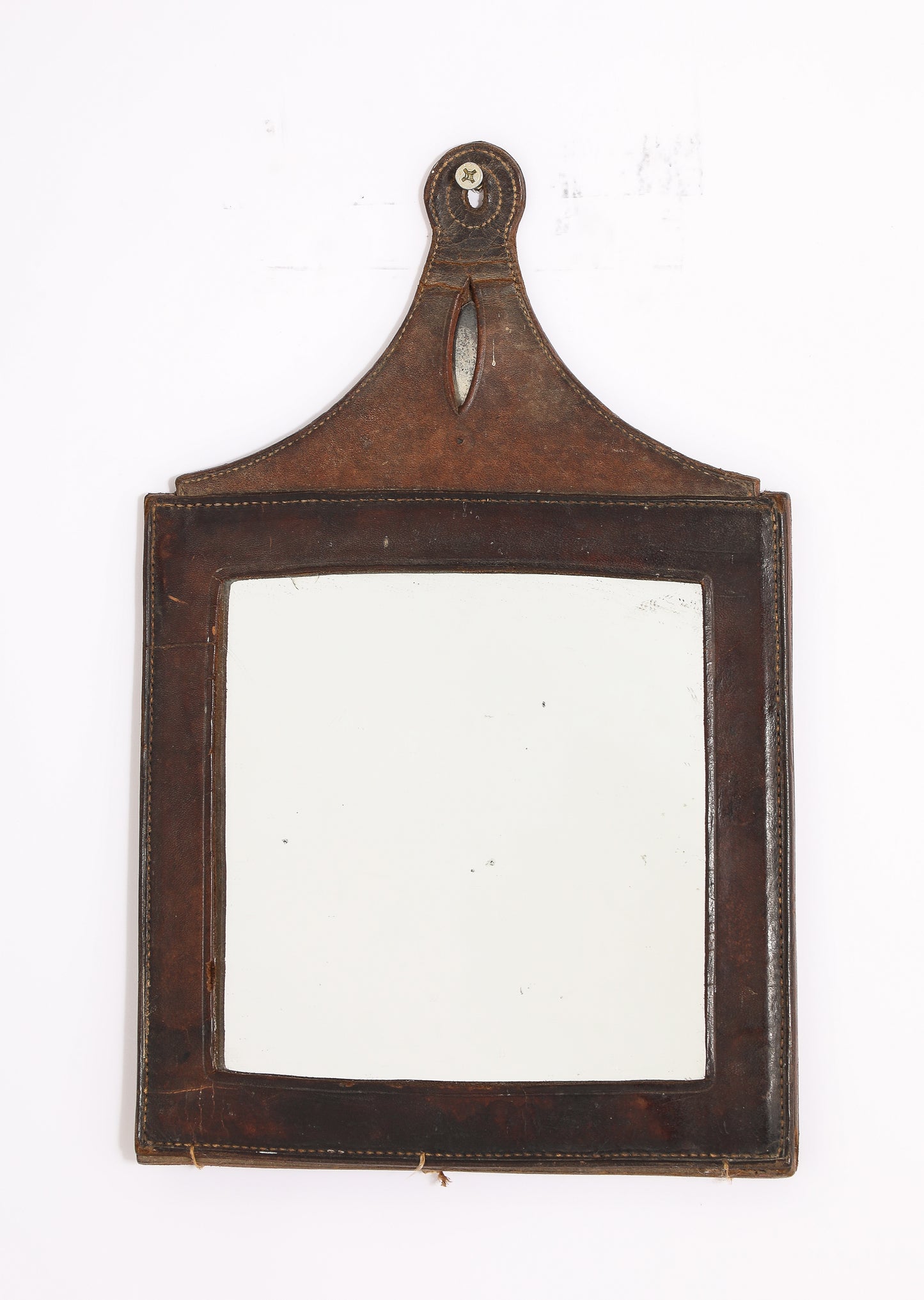 Petite Dark Brown "Sellier" Leather Rustic Wall Mirror - France 1970's