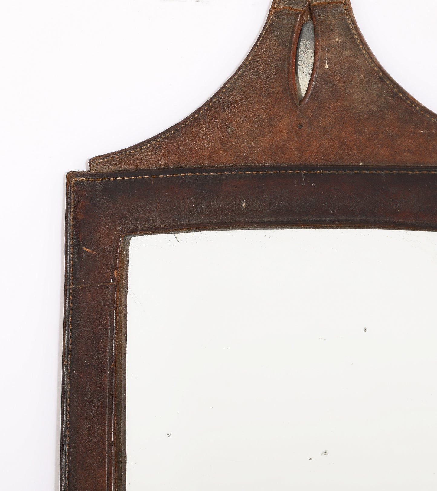 Petite Dark Brown "Sellier" Leather Rustic Wall Mirror - France 1970's