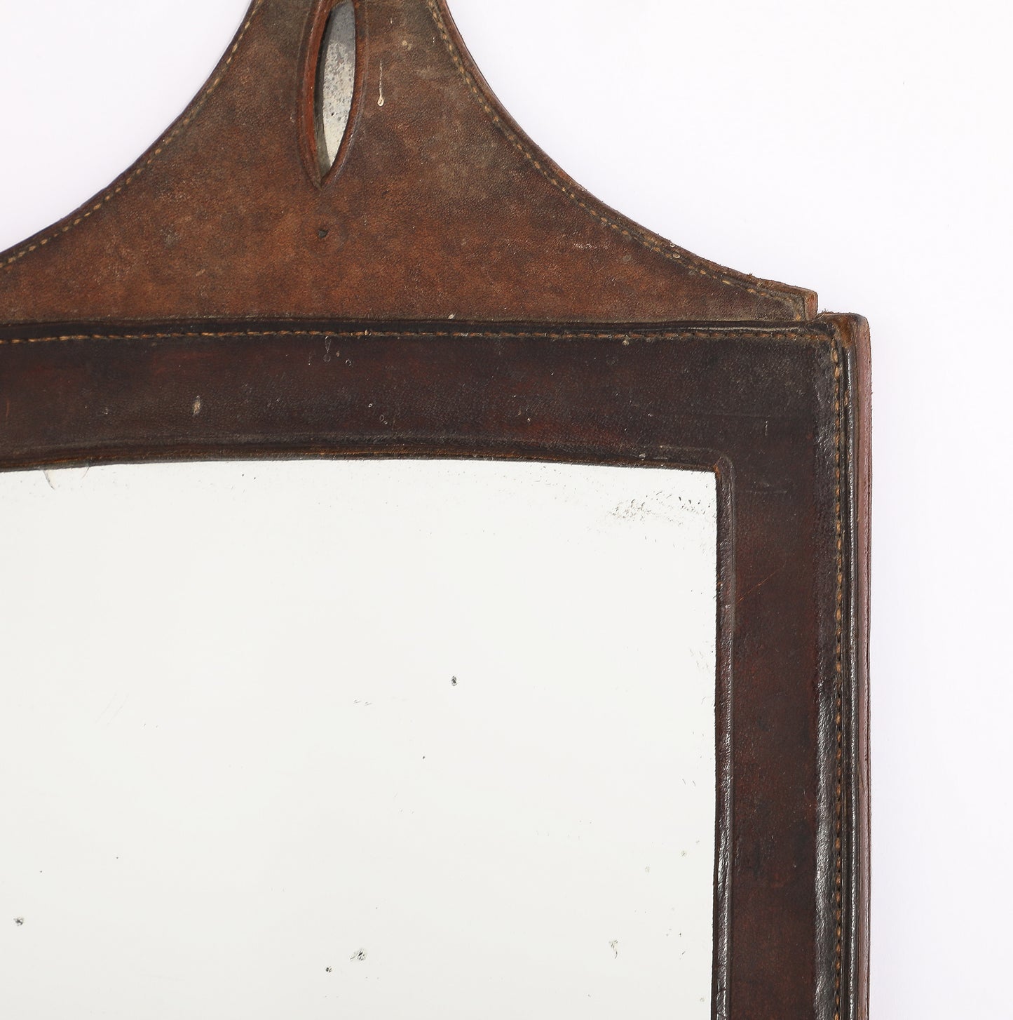 Petite Dark Brown "Sellier" Leather Rustic Wall Mirror - France 1970's