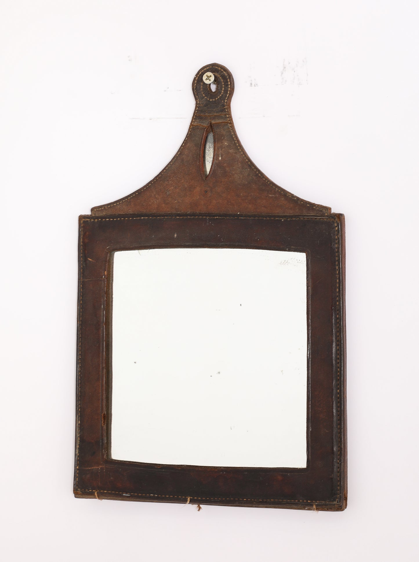 Petite Dark Brown "Sellier" Leather Rustic Wall Mirror - France 1970's