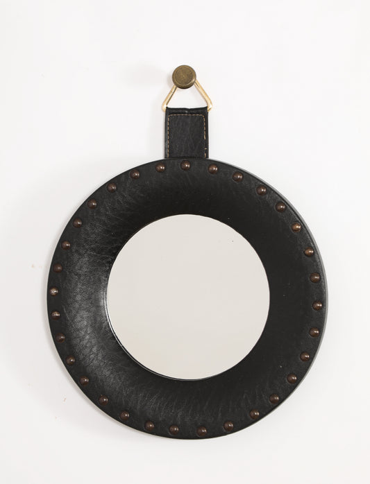 "Sorcière" Mirror in Black Studded Leatherette - France 1960's