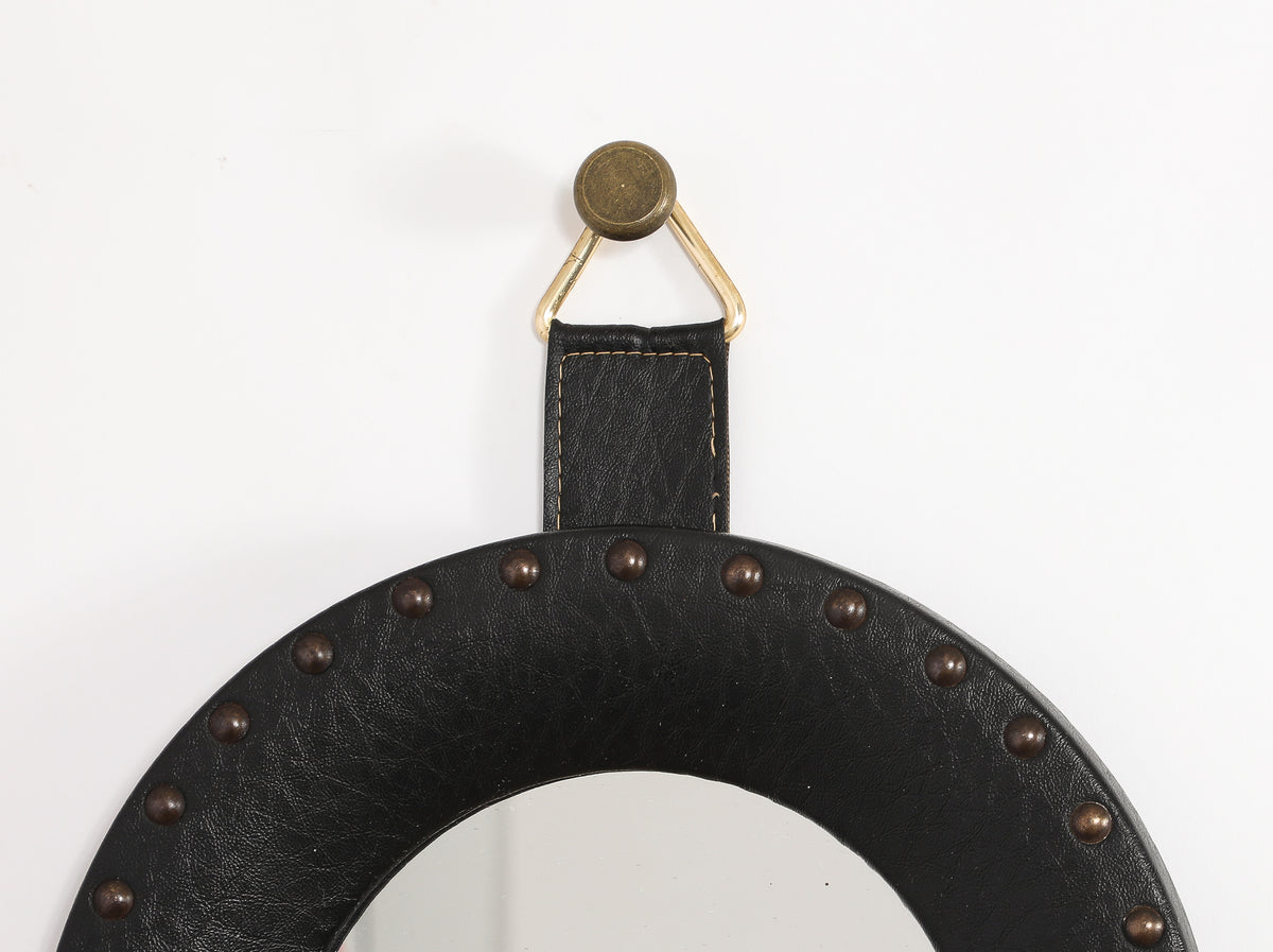 "Sorcière" Mirror in Black Studded Leatherette - France 1960's