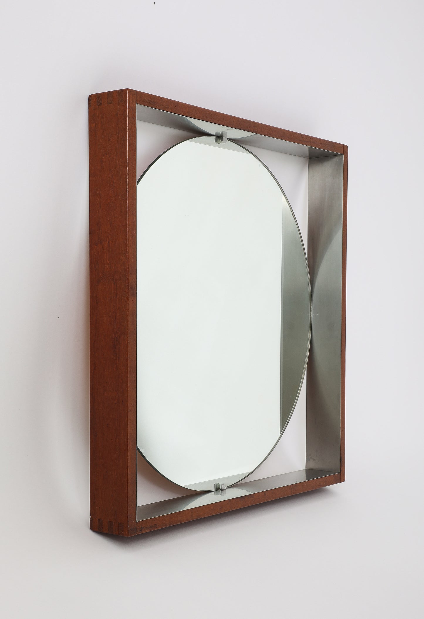 Modernist Teak and Stainless Steel Wall Mirror - Scandinavia 1970's