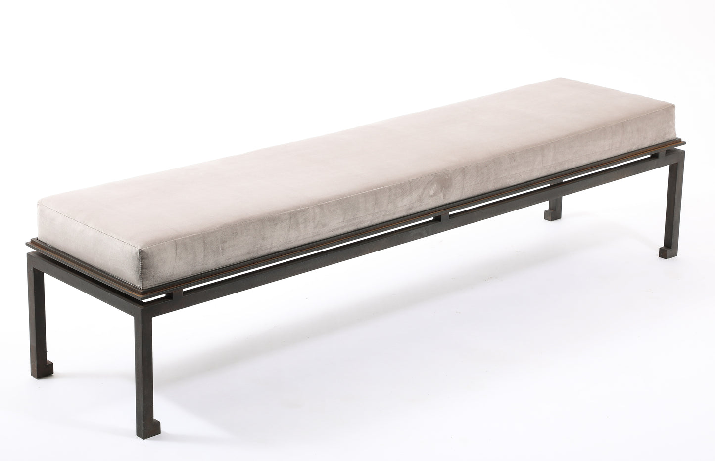 Neo Classical Patinated Steel & Upholstery Maison Ramsay Bench - France 1960's