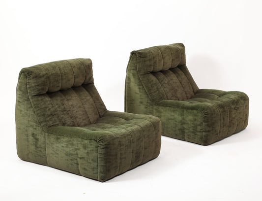 Pair of Signed Green Corduroy Slipper Chairs by Steiner Sièges - France 1970's