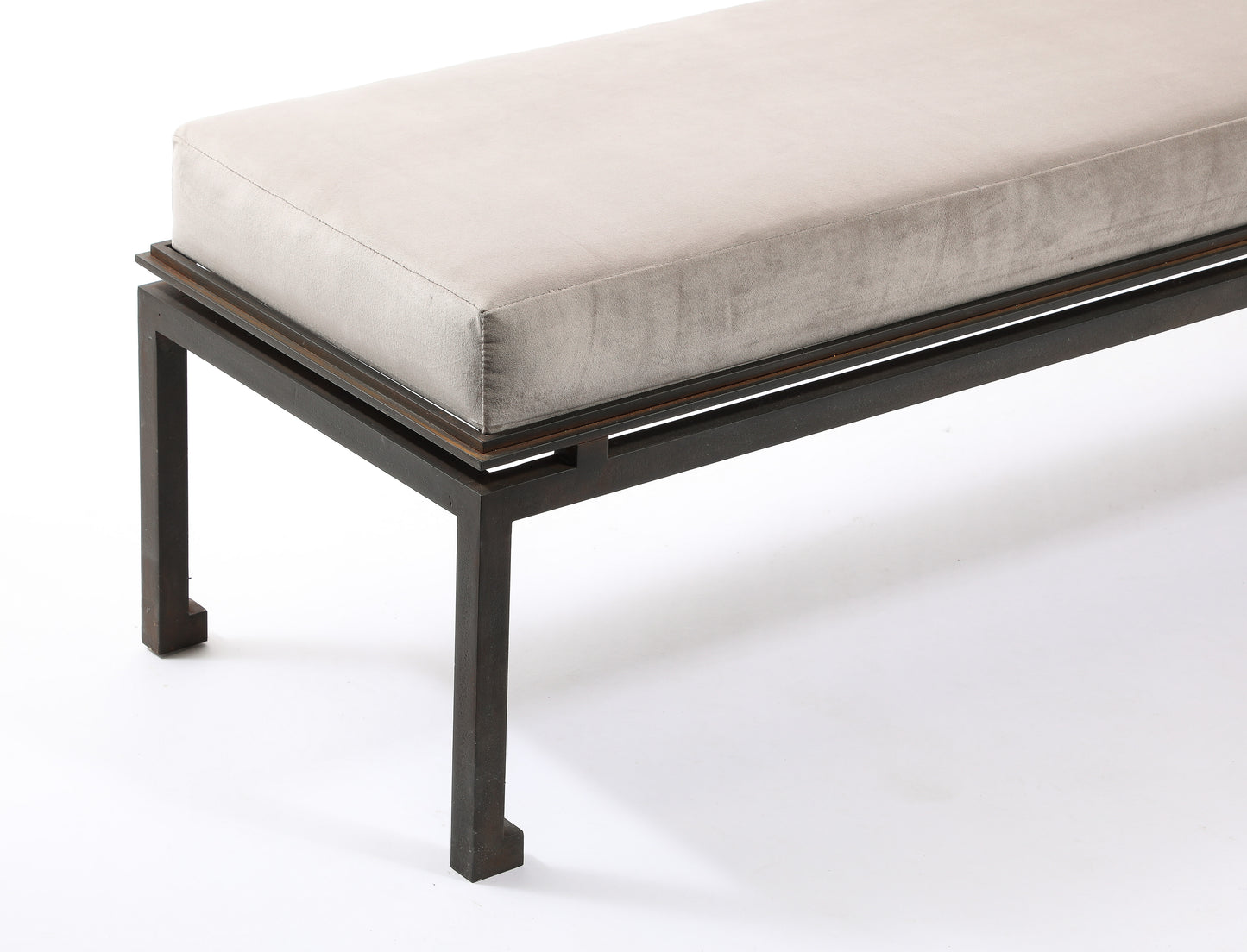 Neo Classical Patinated Steel & Upholstery Maison Ramsay Bench - France 1960's