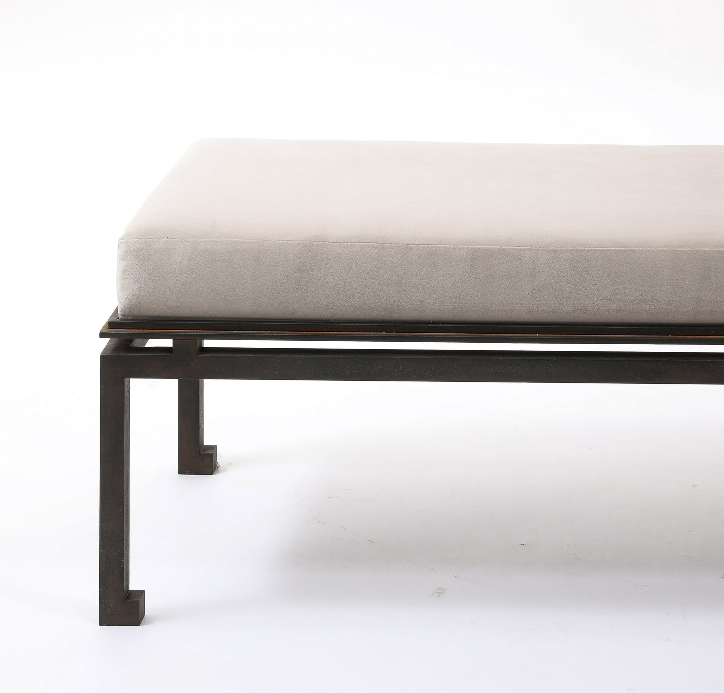 Neo Classical Patinated Steel & Upholstery Maison Ramsay Bench - France 1960's