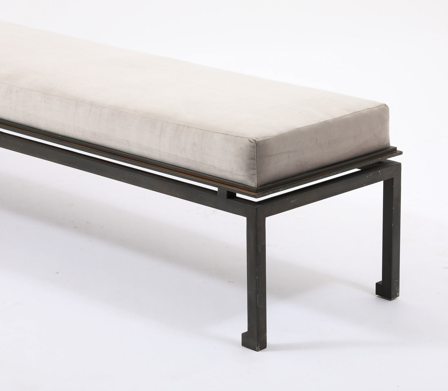 Neo Classical Patinated Steel & Upholstery Maison Ramsay Bench - France 1960's