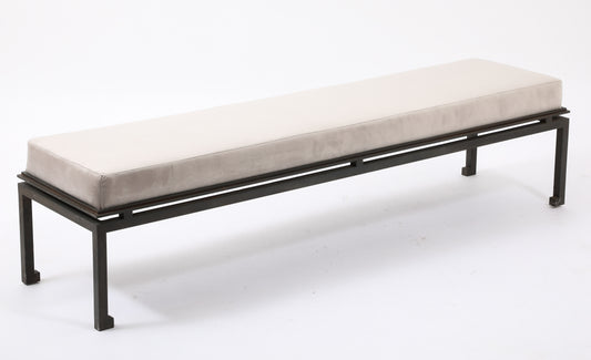 Neo Classical Patinated Steel & Upholstery Maison Ramsay Bench - France 1960's