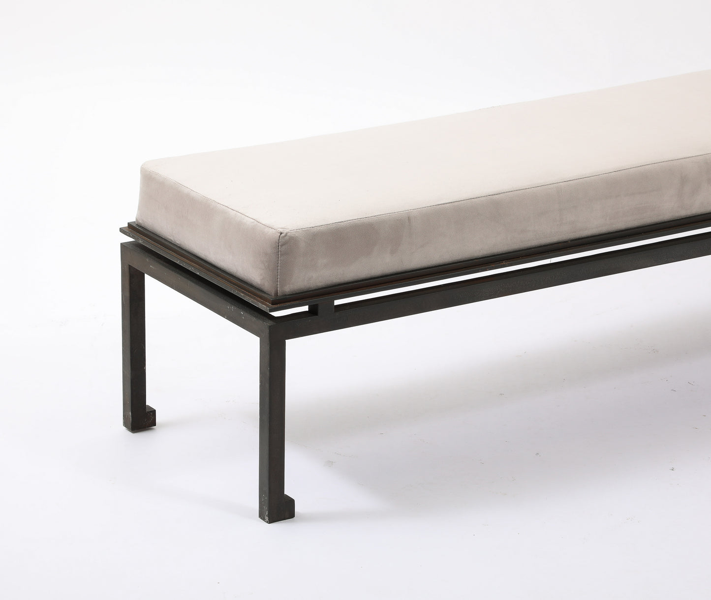 Neo Classical Patinated Steel & Upholstery Maison Ramsay Bench - France 1960's