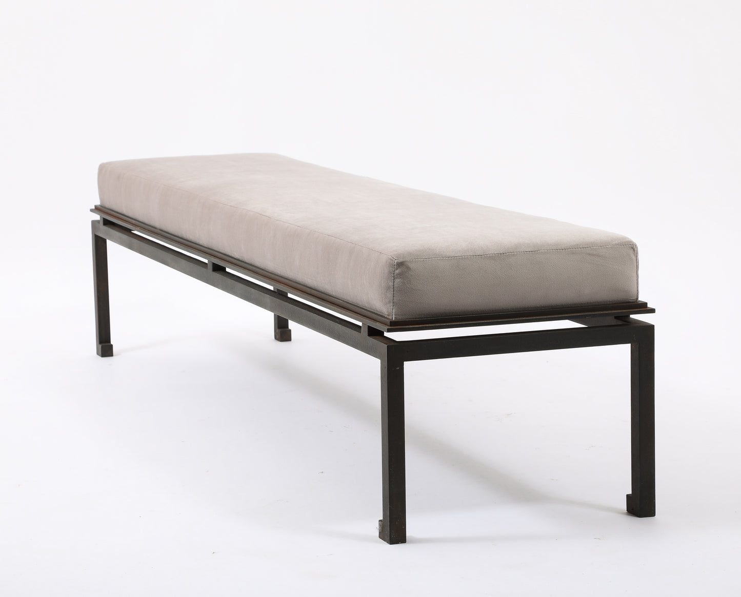 Neo Classical Patinated Steel & Upholstery Maison Ramsay Bench - France 1960's