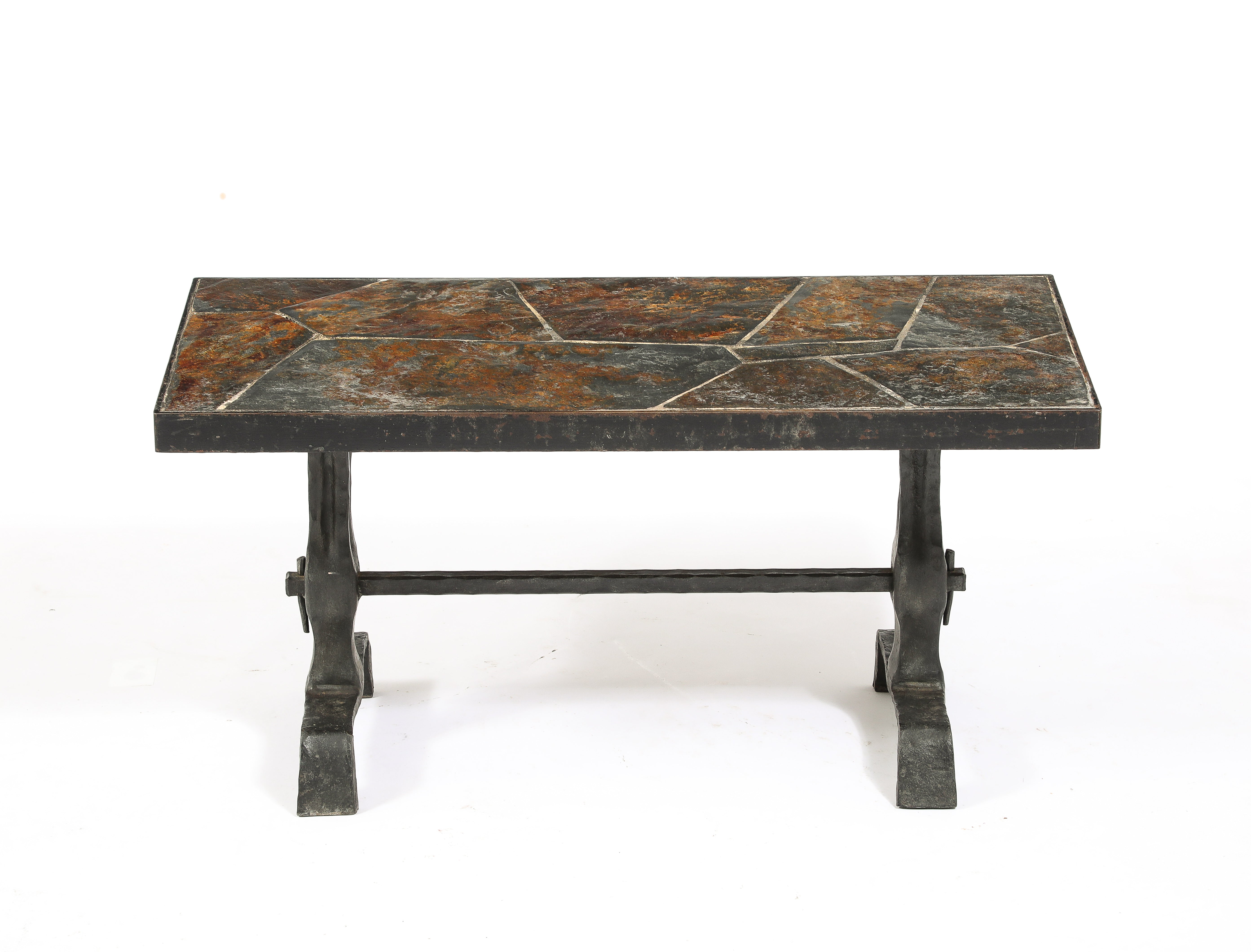 Brutalist Solid Iron & Slate Coffe Table in the Style Marolles - France 1970s