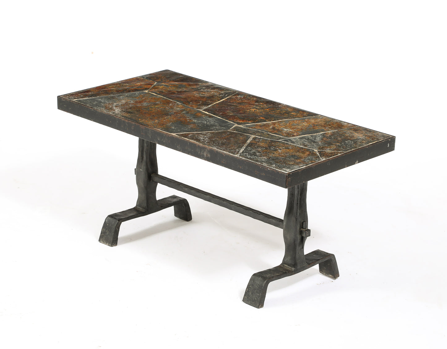 Brutalist Solid Iron & Slate Coffe Table in the Style Marolles - France 1970s