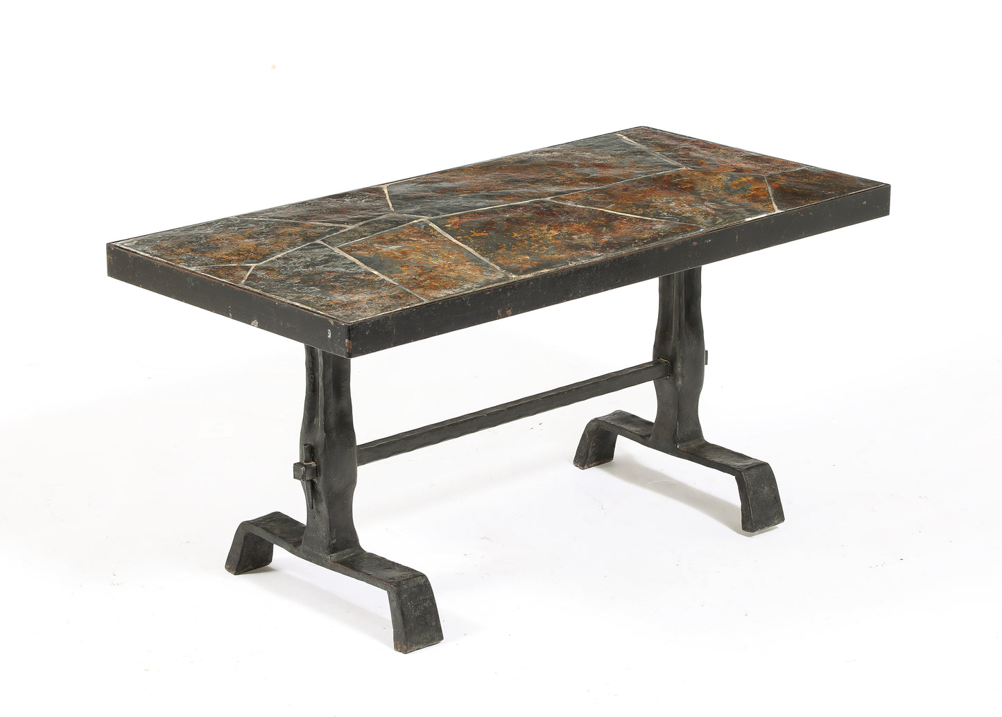 Brutalist Solid Iron & Slate Coffe Table in the Style Marolles - France 1970s