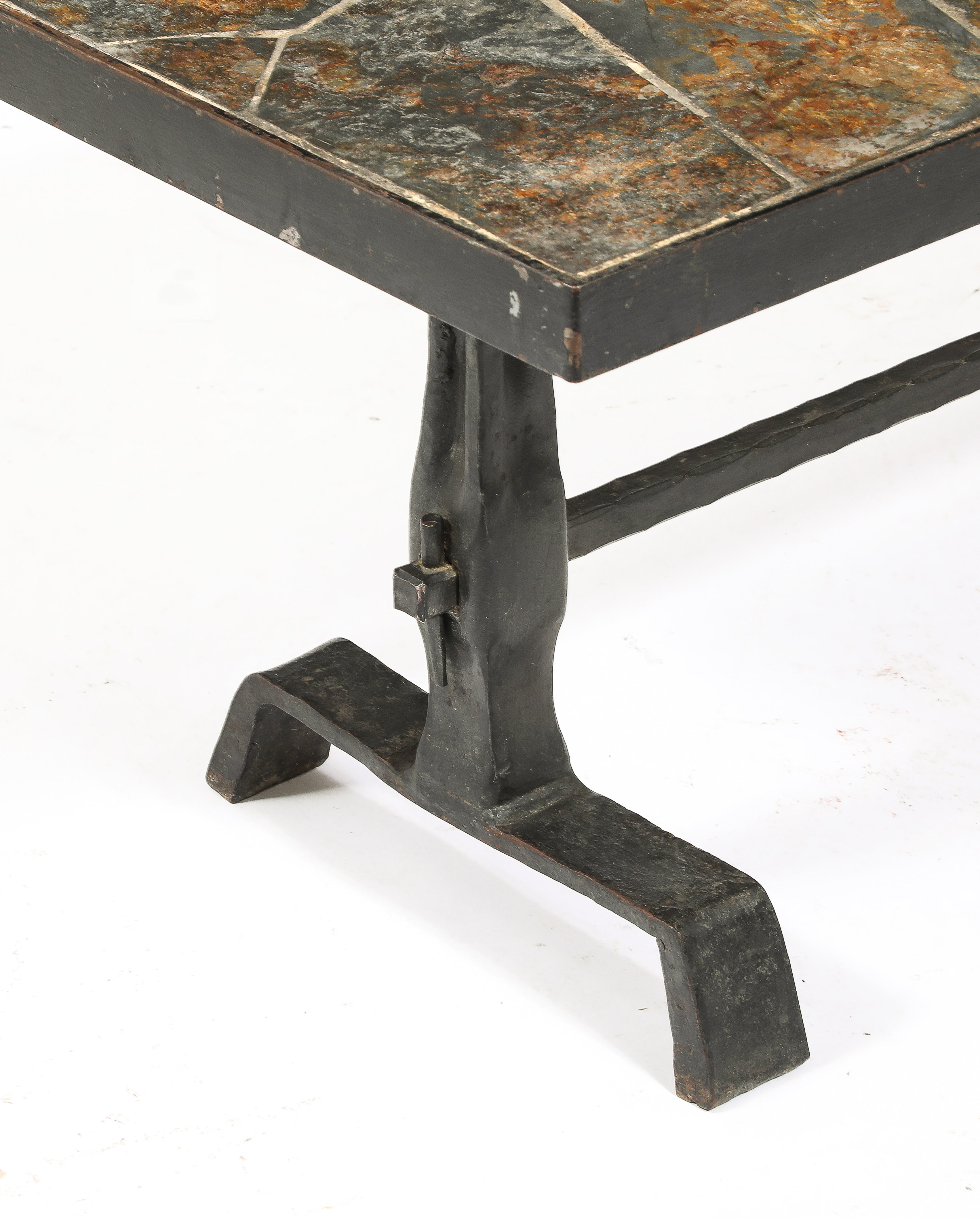 Brutalist Solid Iron & Slate Coffe Table in the Style Marolles - France 1970s