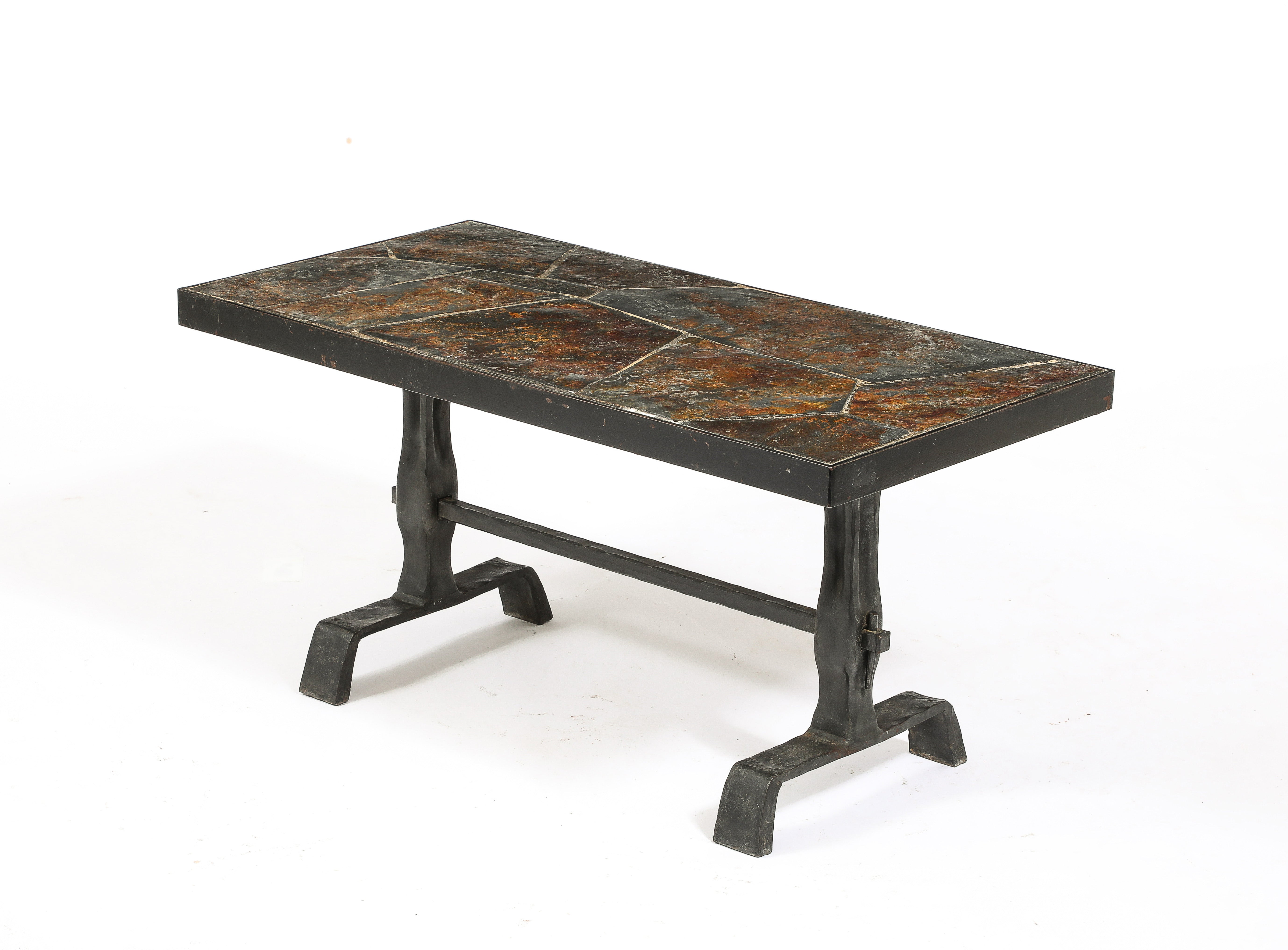 Brutalist Solid Iron & Slate Coffe Table in the Style Marolles - France 1970s