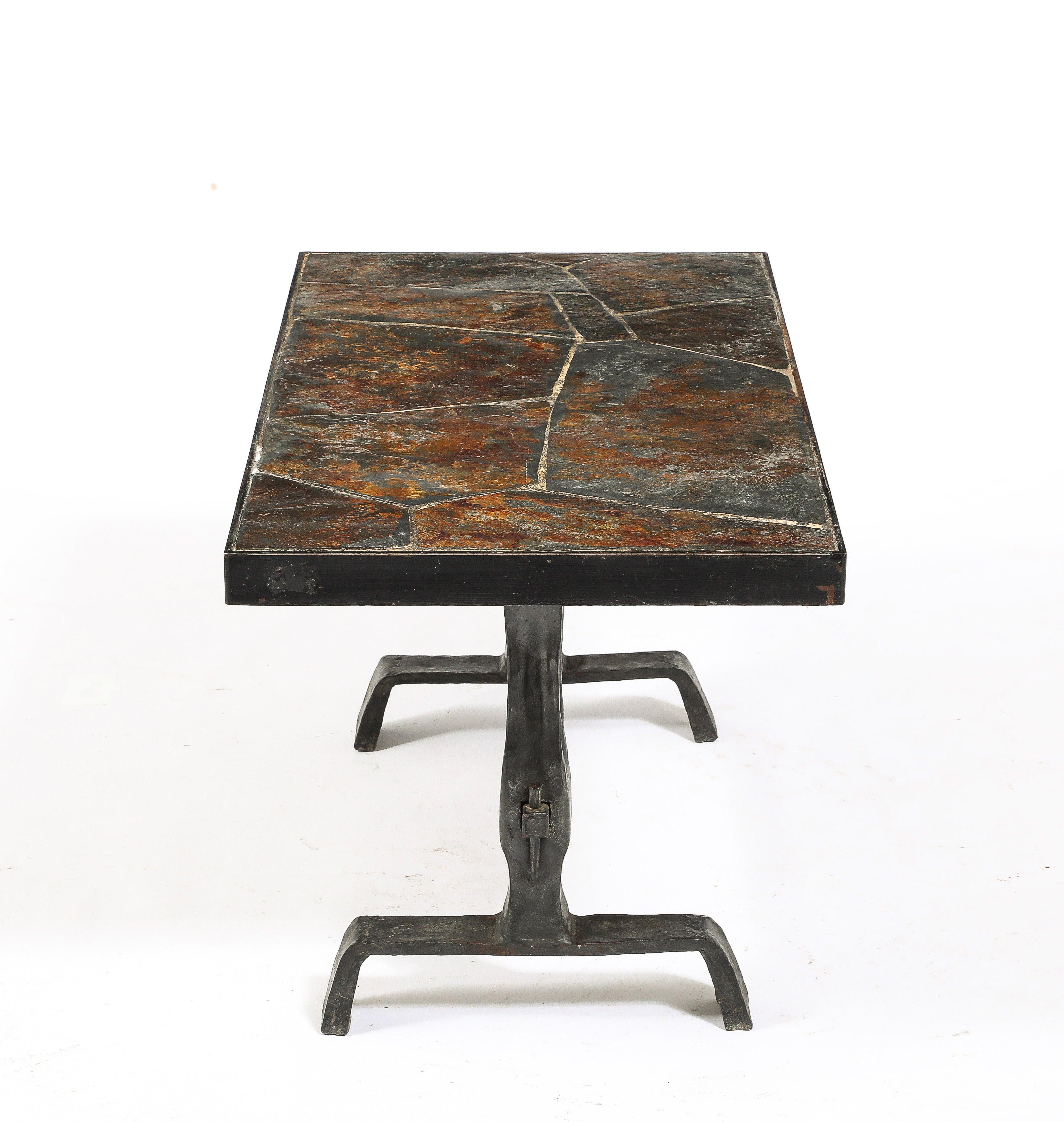 Brutalist Solid Iron & Slate Coffe Table in the Style Marolles - France 1970s