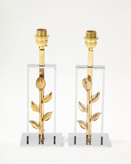 pair of 1970's gilt and chrome table lamps - France 1970's