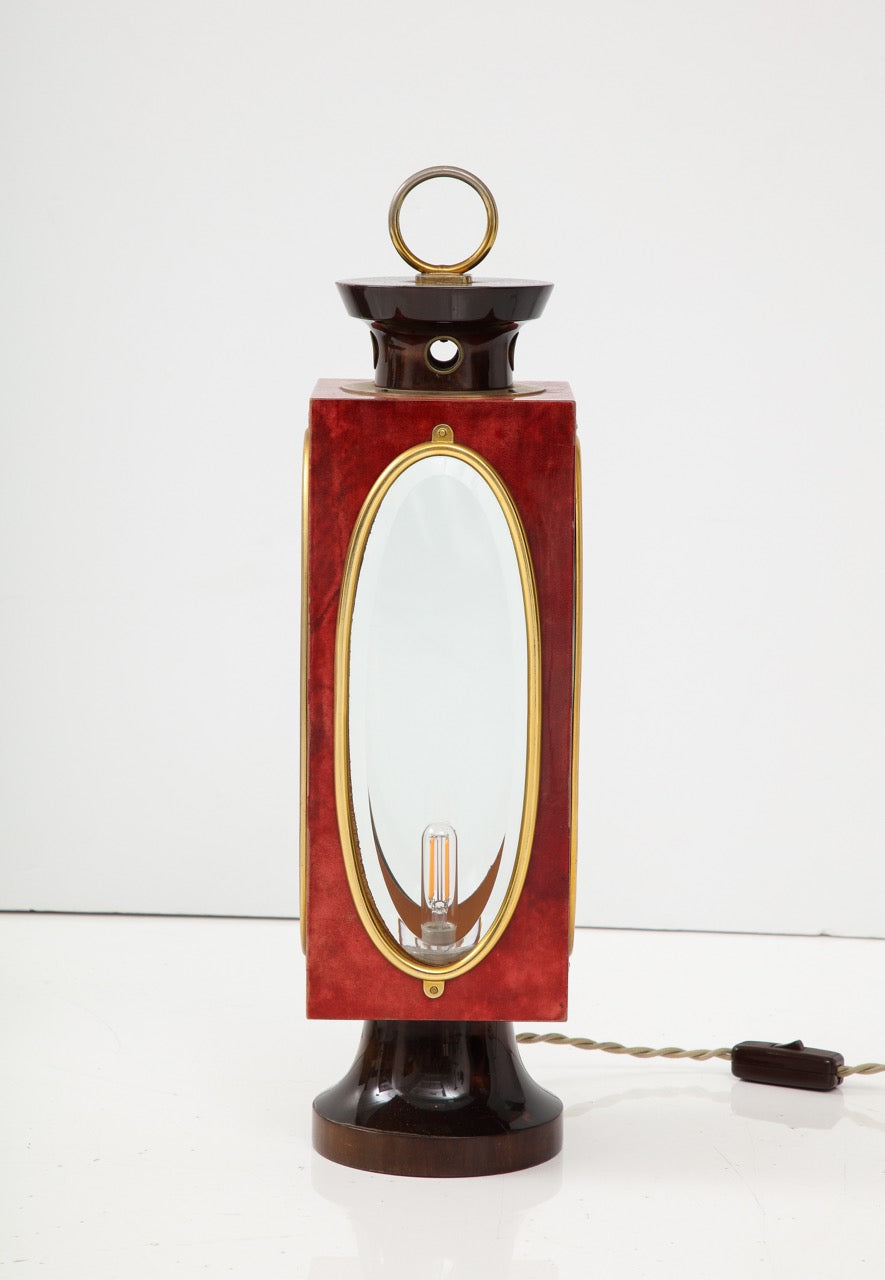 Signed Red Velum and Lacquered Wood Table Lantern Lamp, Aldo Tura, Italy, 1970s