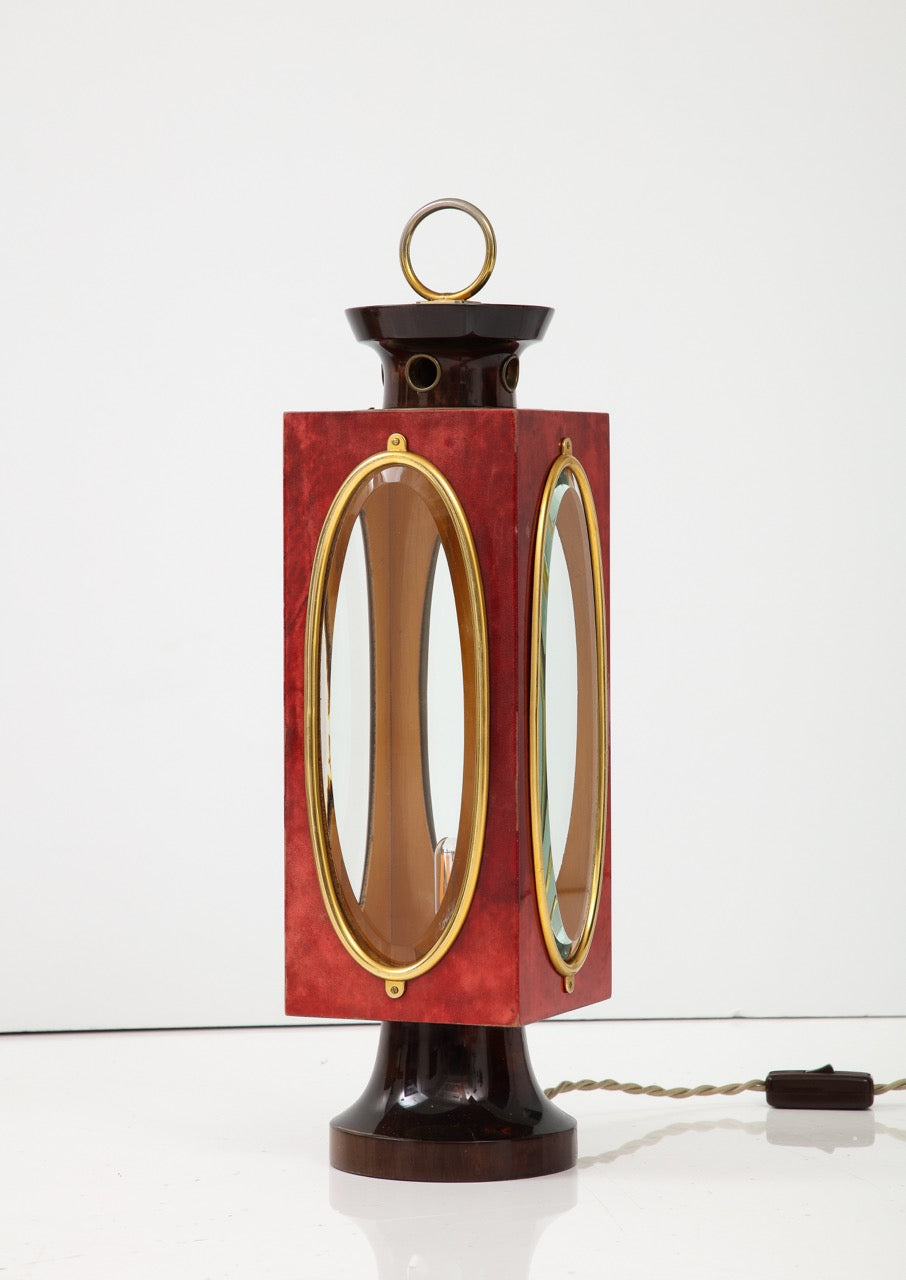 Signed Red Velum and Lacquered Wood Table Lantern Lamp, Aldo Tura, Italy, 1970s