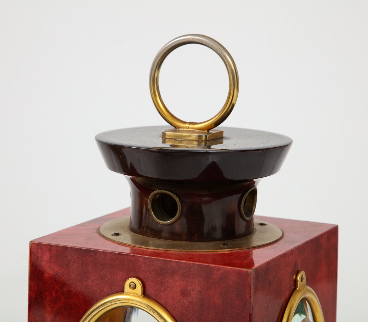 Signed Red Velum and Lacquered Wood Table Lantern Lamp, Aldo Tura, Italy, 1970s