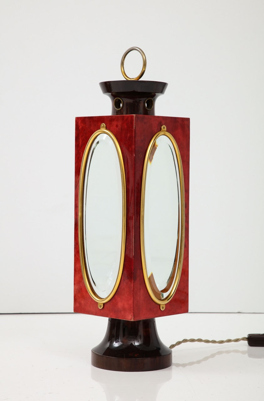 Signed Red Velum and Lacquered Wood Table Lantern Lamp, Aldo Tura, Italy, 1970s