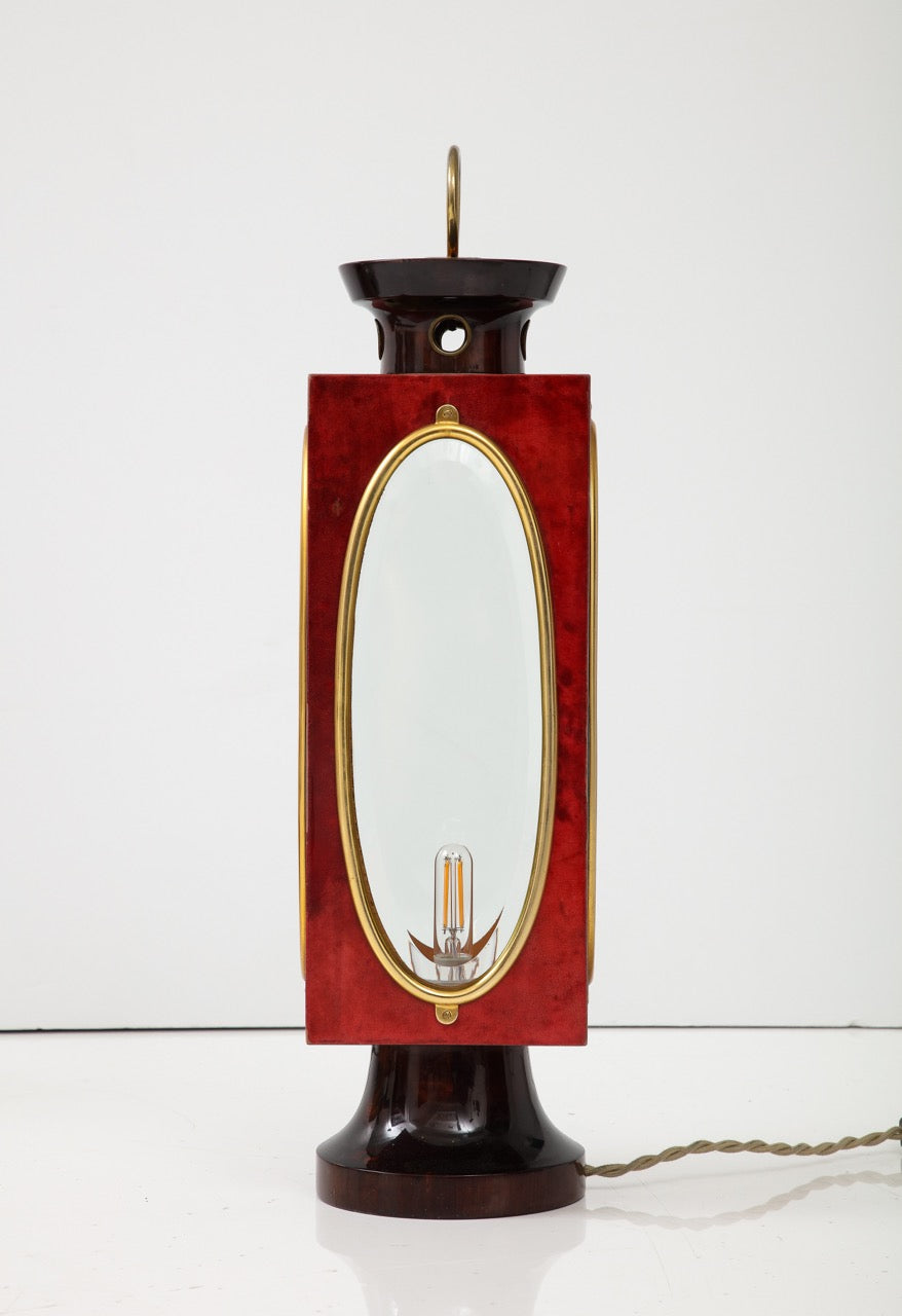 Signed Red Velum and Lacquered Wood Table Lantern Lamp, Aldo Tura, Italy, 1970s