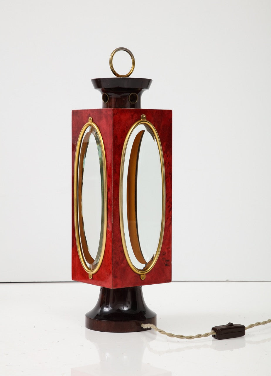 Signed Red Velum and Lacquered Wood Table Lantern Lamp, Aldo Tura, Italy, 1970s