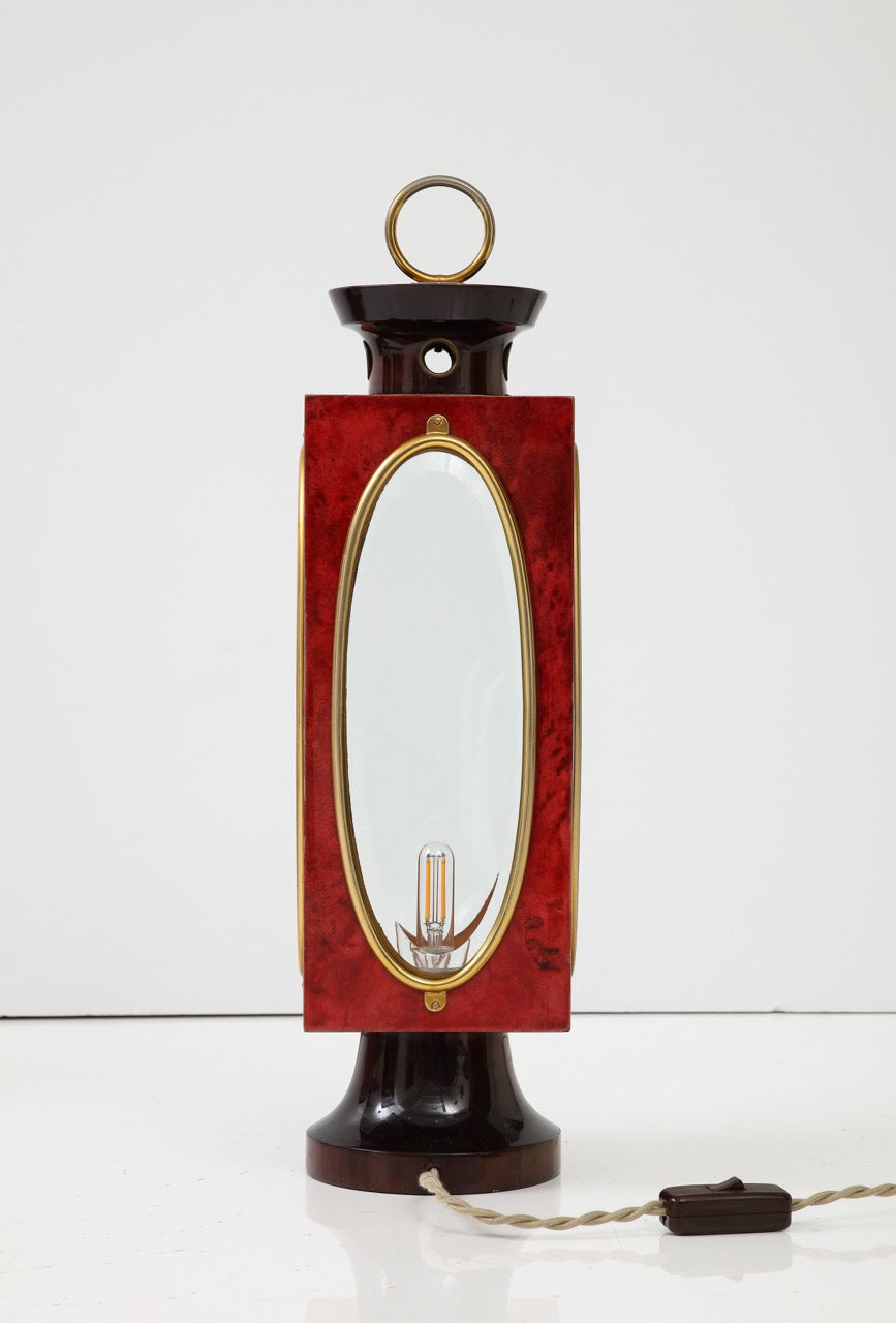 Signed Red Velum and Lacquered Wood Table Lantern Lamp, Aldo Tura, Italy, 1970s