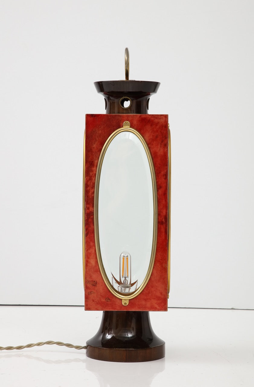 Signed Red Velum and Lacquered Wood Table Lantern Lamp, Aldo Tura, Italy, 1970s