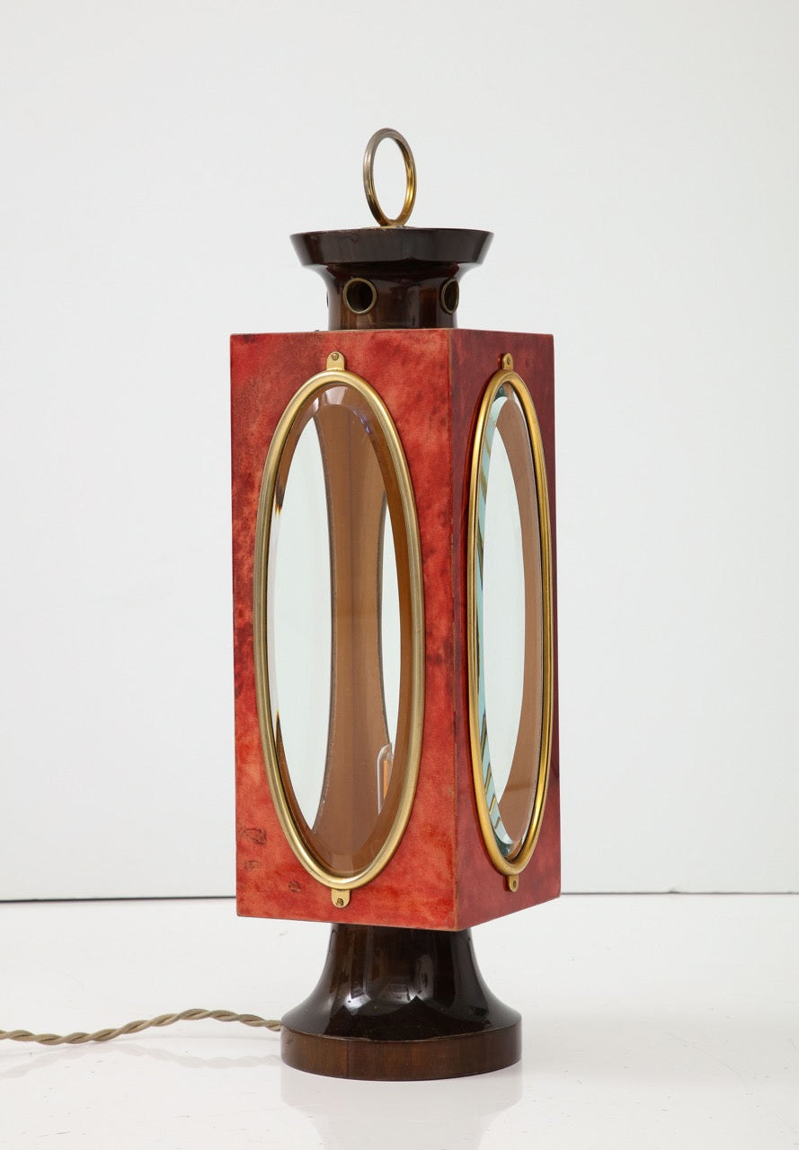 Signed Red Velum and Lacquered Wood Table Lantern Lamp, Aldo Tura, Italy, 1970s