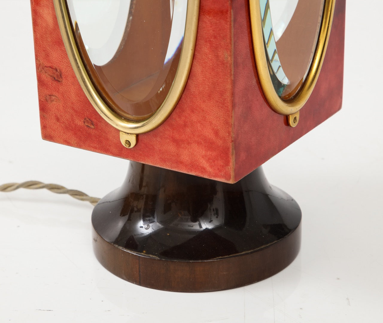 Signed Red Velum and Lacquered Wood Table Lantern Lamp, Aldo Tura, Italy, 1970s