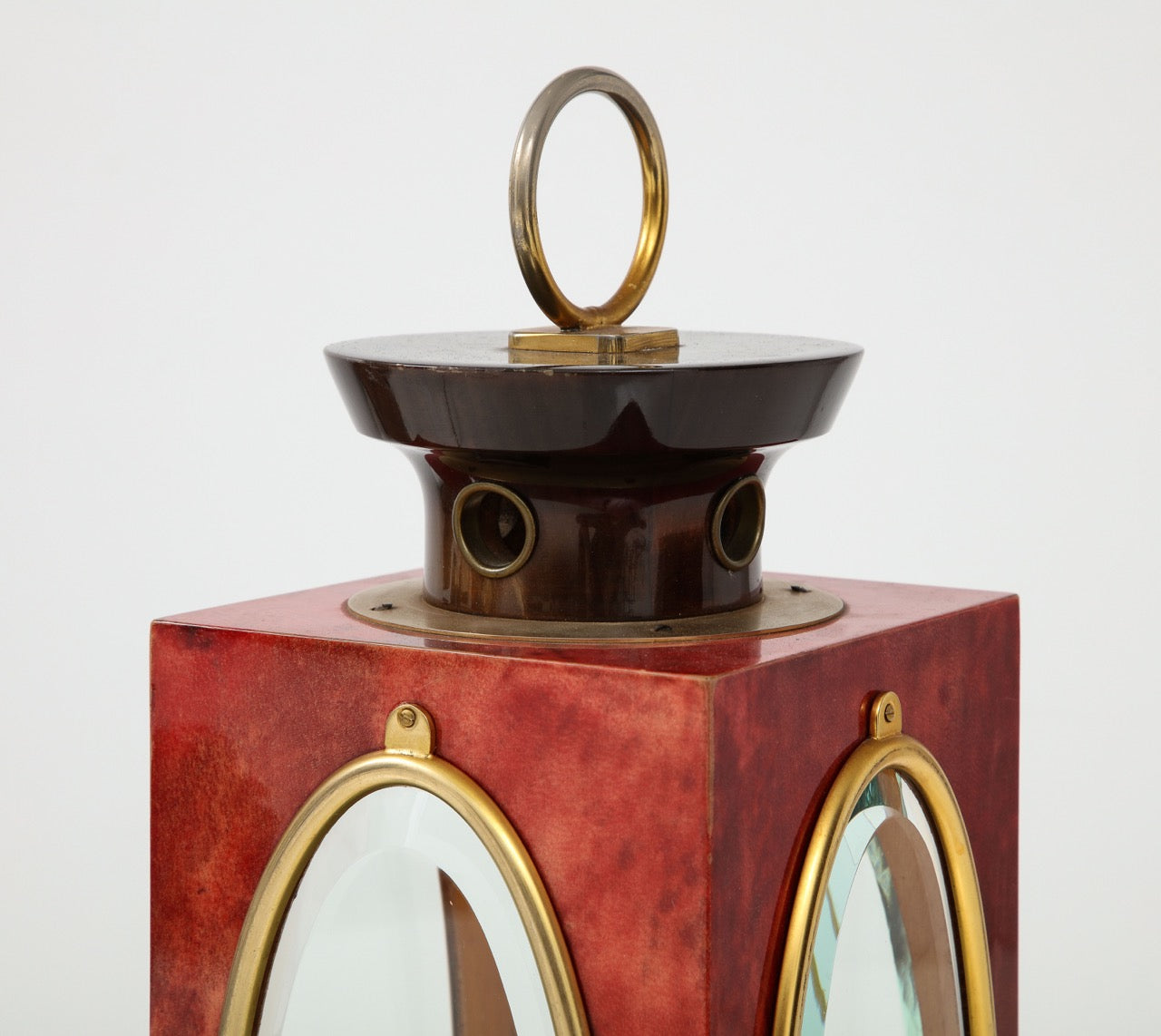 Signed Red Velum and Lacquered Wood Table Lantern Lamp, Aldo Tura, Italy, 1970s