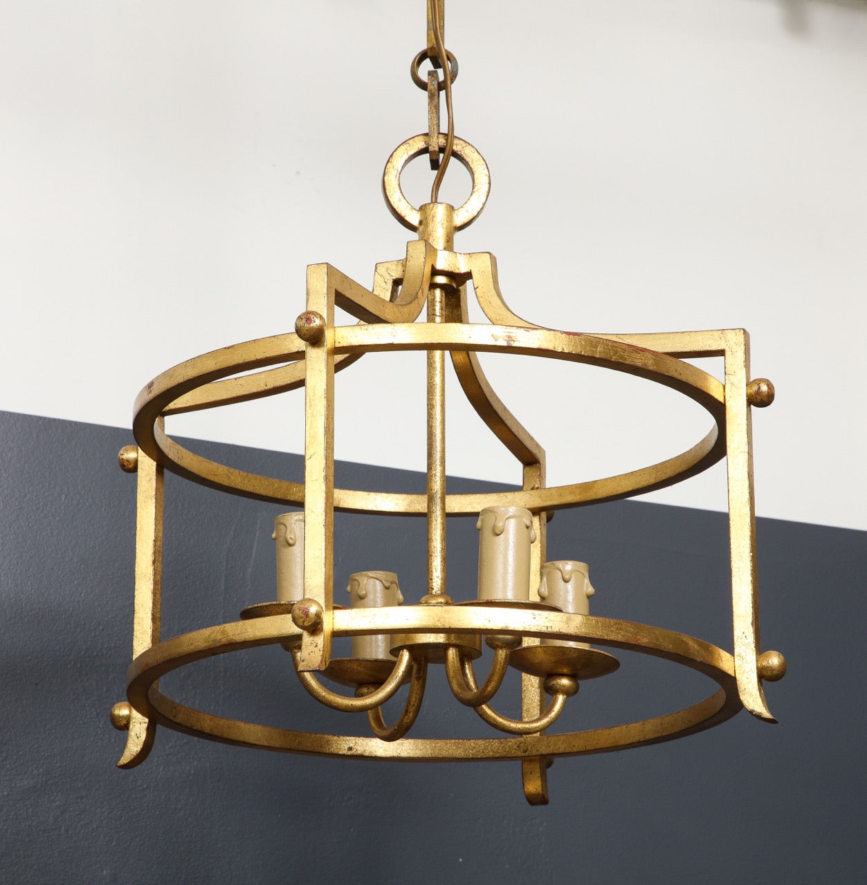 Rare "Fer Battu" Gold Leaf Chandelier by Henri Pouenat, France, 1960s