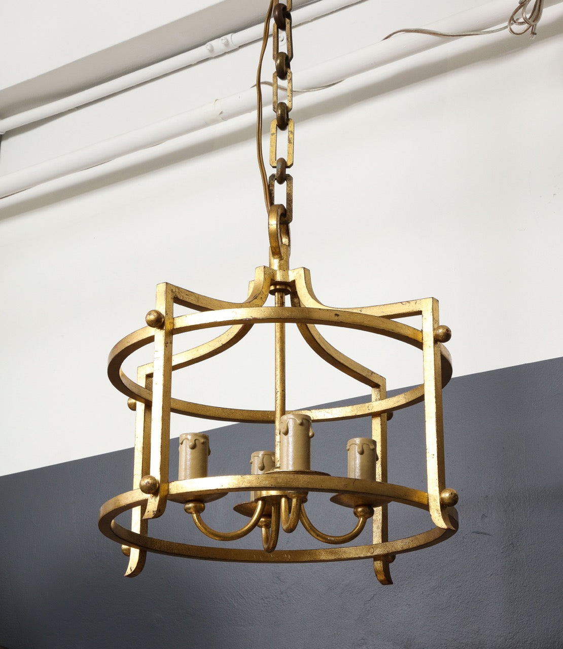 Rare "Fer Battu" Gold Leaf Chandelier by Henri Pouenat, France, 1960s