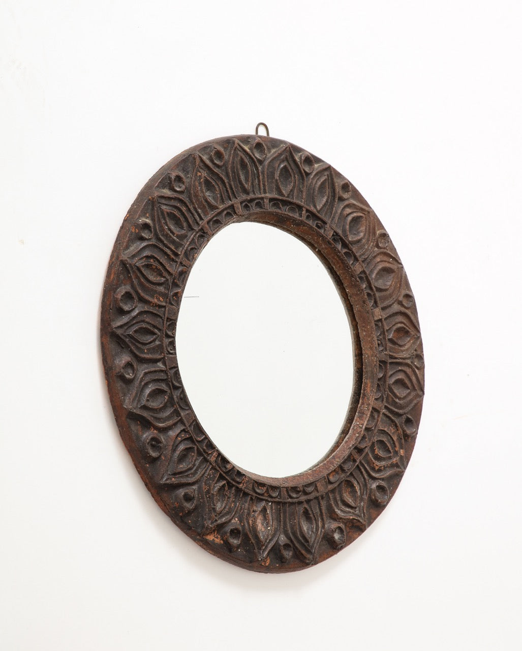 Roland Zobel Brutalist Etched Dark Brown Terracotta Wall Mirror, France, 1970s