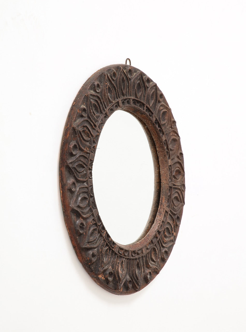 Roland Zobel Brutalist Etched Dark Brown Terracotta Wall Mirror, France, 1970s