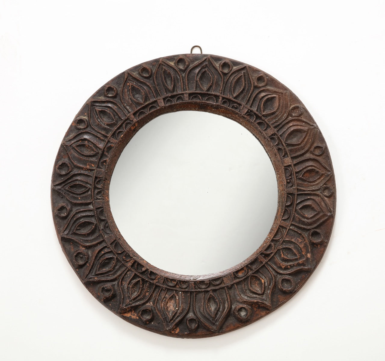 Roland Zobel Brutalist Etched Dark Brown Terracotta Wall Mirror, France, 1970s