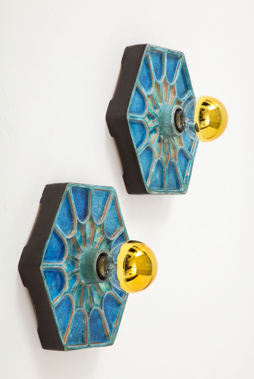 Pair of Blue Shades Ceramic Sconces, Scandinavia, 1970s