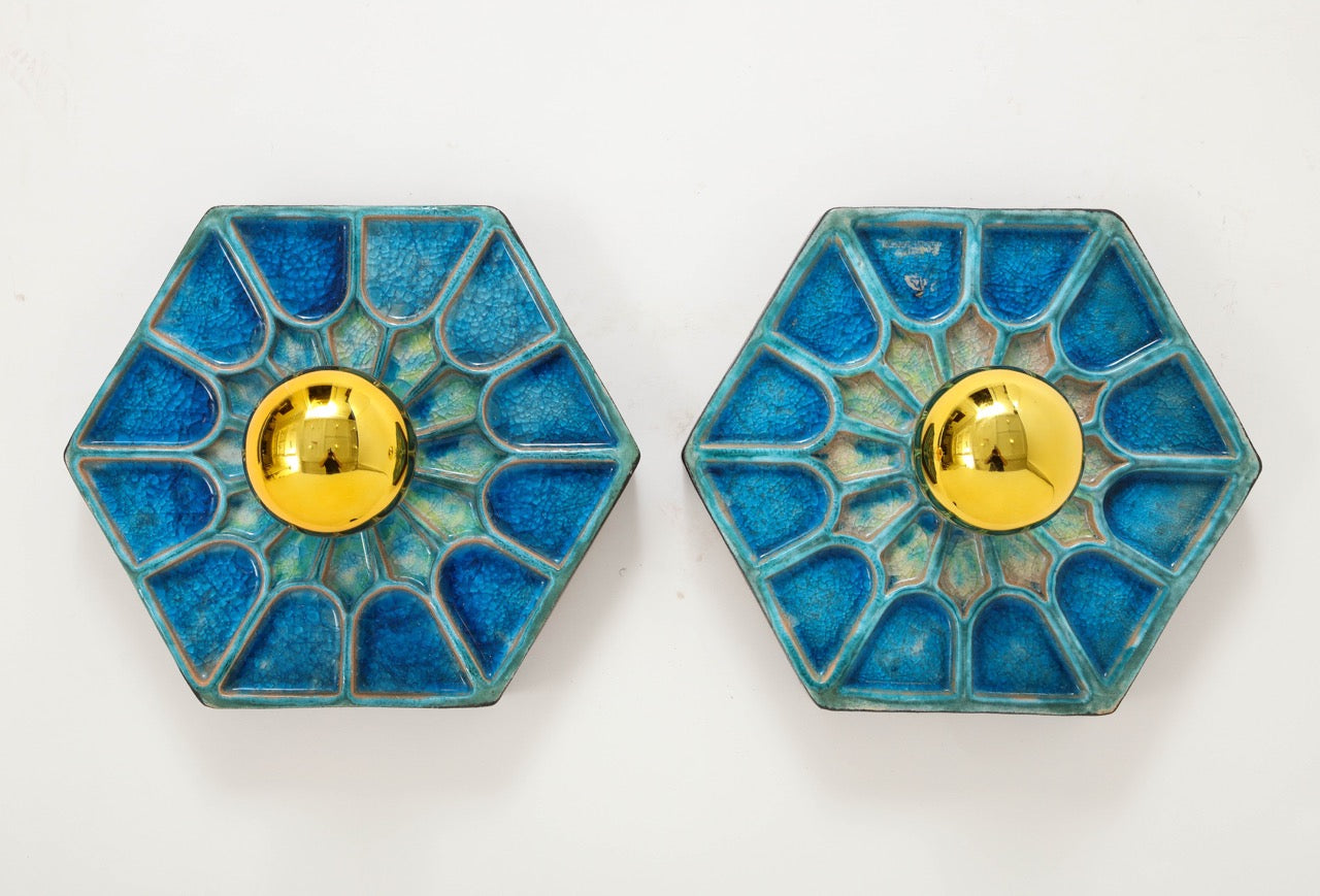 Pair of Blue Shades Ceramic Sconces, Scandinavia, 1970s