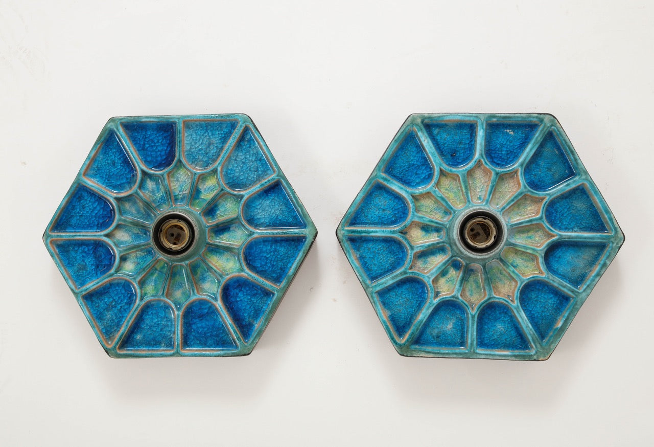 Pair of Blue Shades Ceramic Sconces, Scandinavia, 1970s