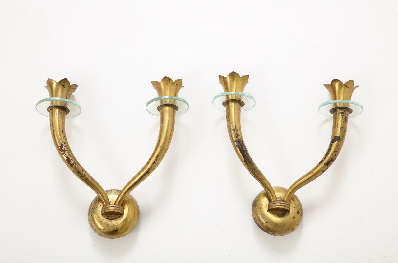 Pair of Brass and Glass Modernist Sconces Att. Emilio Lancia - Italy 1950s