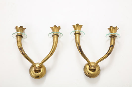 Pair of Brass and Glass Modernist Sconces Att. Emilio Lancia - Italy 1950s