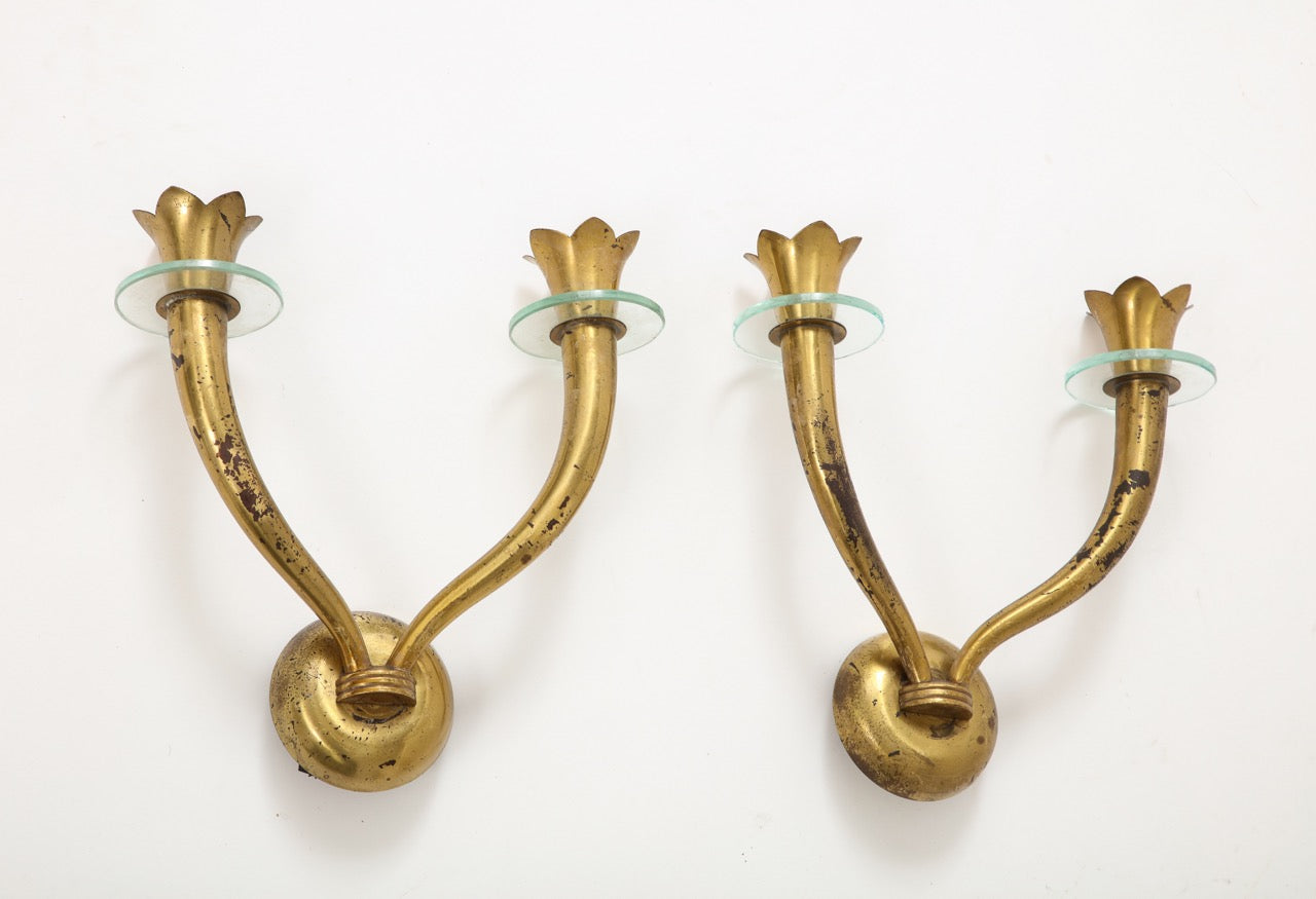 Pair of Brass and Glass Modernist Sconces Att. Emilio Lancia - Italy 1950s