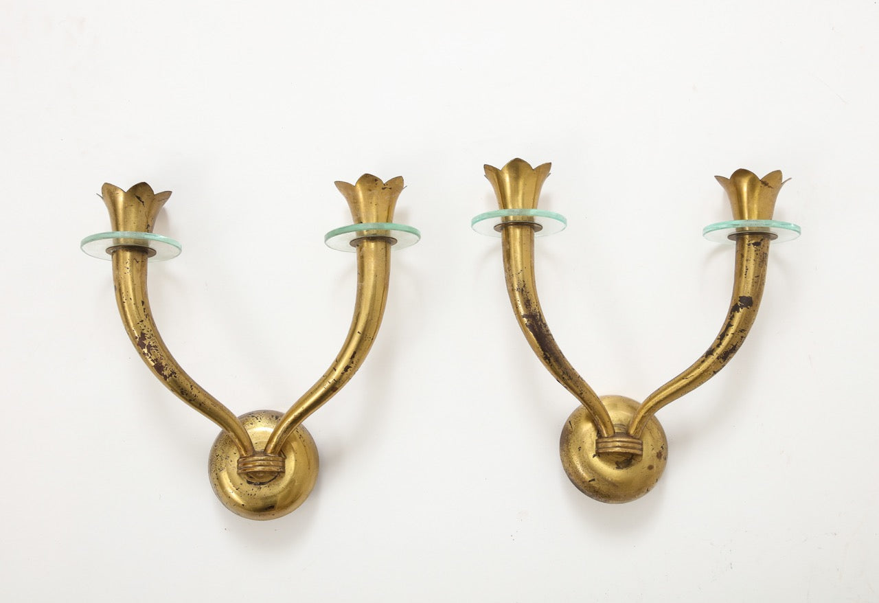 Pair of Brass and Glass Modernist Sconces Att. Emilio Lancia - Italy 1950s