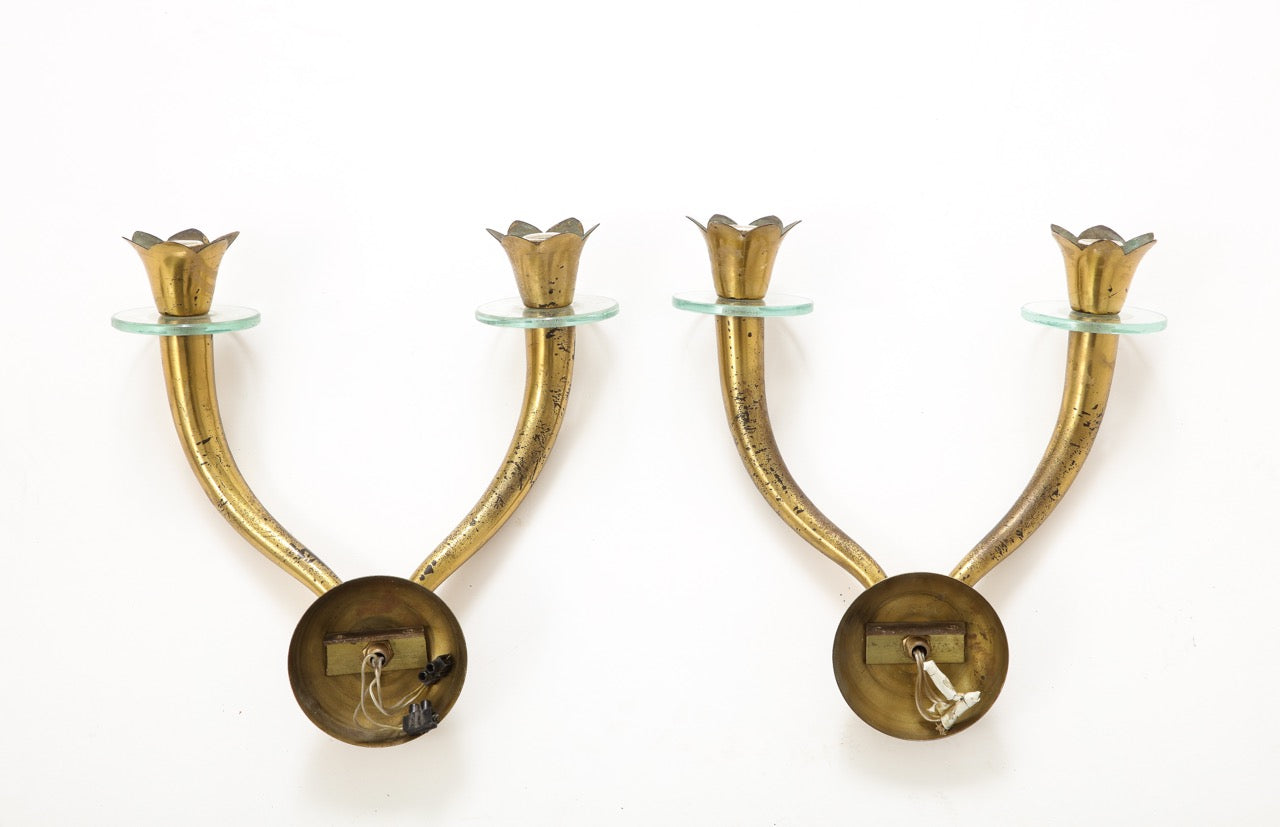 Pair of Brass and Glass Modernist Sconces Att. Emilio Lancia - Italy 1950s