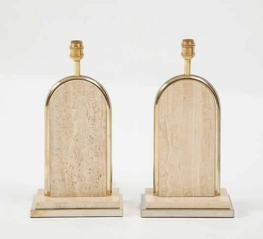 Pair of Belgian Beige Travertine and Gilt Metal Table Lamps, Belgium 1970's
