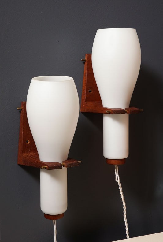 Pair of Teak Wood and Opaline Wall Lights by Philips - Netherlands 1960s