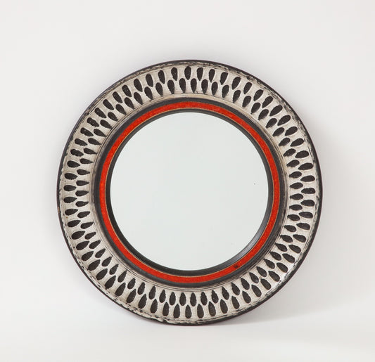 Etched Petite Glazed Ceramic Wall Mirror - France 1960's